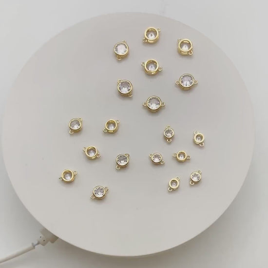 10pcs Gold/ Silver Tone Bezel Gemstone Connector 4/ 5/ 6/ 7mm, 18K Gold/ Rhodium plated Brass, Clear CZ Coin Charms  (GB-011)