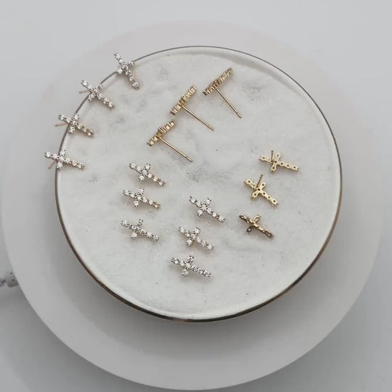 4pcs CZ Pave Gold Cross Ear Post 12x6mm, Gold Plated Brass Small Cross Stud Earring (#GB-3637-E)