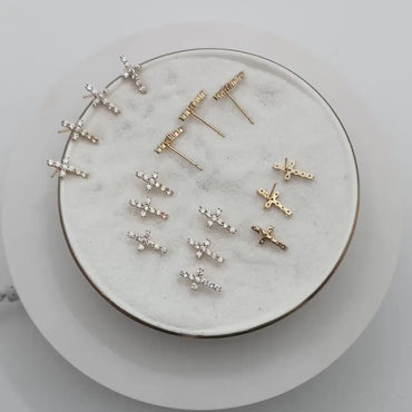 4pcs CZ Pave Gold Cross Ear Post 12x6mm, Gold Plated Brass Small Cross Stud Earring (#GB-3637-E)