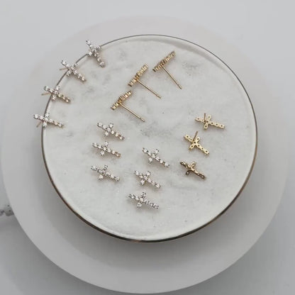4pcs CZ Pave Gold Cross Ear Post 12x6mm, Gold Plated Brass Small Cross Stud Earring (#GB-3637-E)