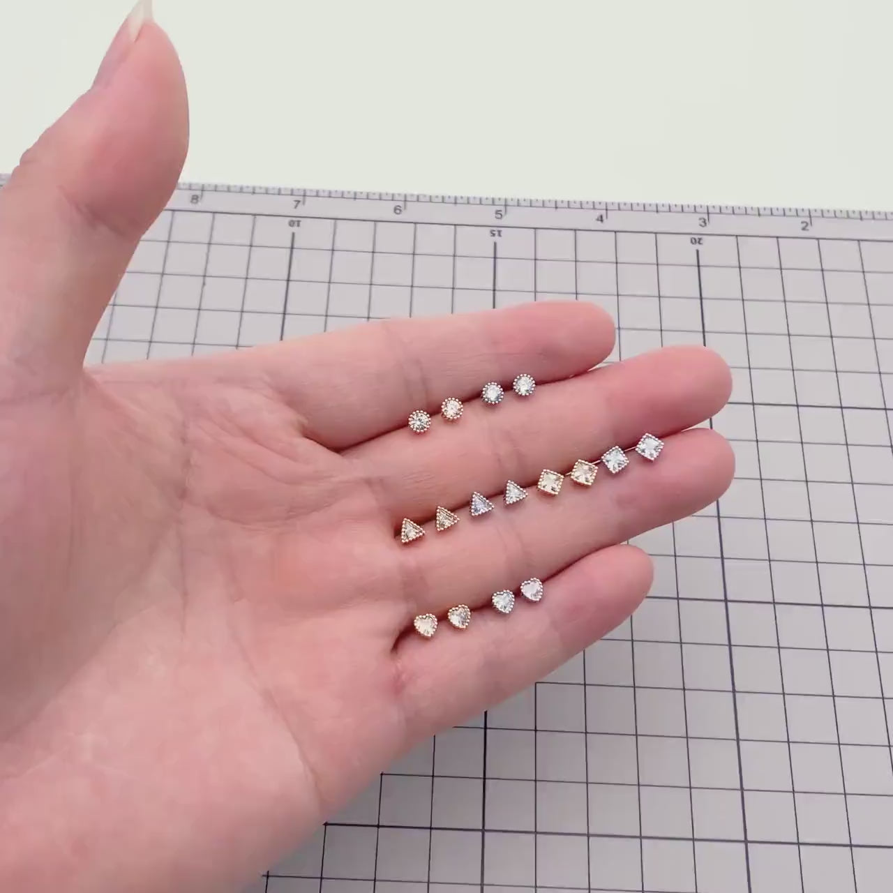 10pcs CZ Pave Gold/ Silver Round/ Triangle/ Rhombus/ Heart Earrings, Dainty Geometric Stud Earrings (GB-4743)