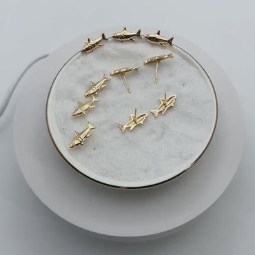 10pcs Gold Shark Earrings 8x16mm, Gold Plated Brass Ocean Stud Earrings (GB-4460-F)