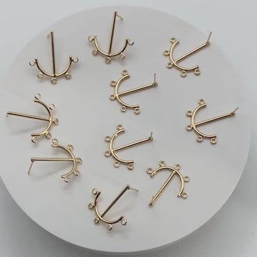 4pcs Gold Anchor Stud Earrings with 5 Loops, Gold plated Brass Earrings Findings, Earring Components (#GB-3758)
