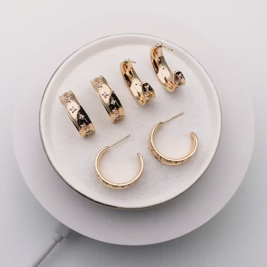 4pcs CZ Pave Gold Round Circle Earrings, Gold plated Brass, Geometric Hoop Stud Earrings (GB-4027)