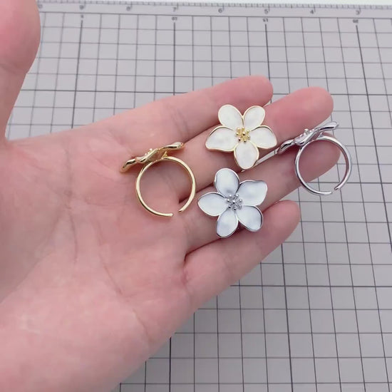 4pcs Gold/ Silver Enamel White Flower Ring, Everyday Ring, Dainty Rings, Adjustable Ring (#JZ-012)