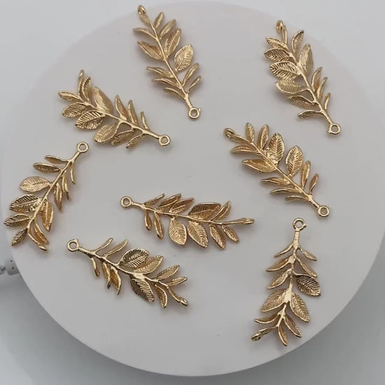 10pcs Gold Branch Charm Connectors 43x17mm, Real Gold plated Brass, Branch Pendants with Two Loops (GB-3622-F)