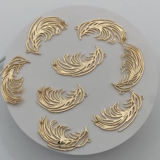 4pcs Gold Feather Connector with two Loops, 42x23mm, Gold plated Brass, Jewelry Making, Diy Material, Jewelry Supplies (GB-3617)
