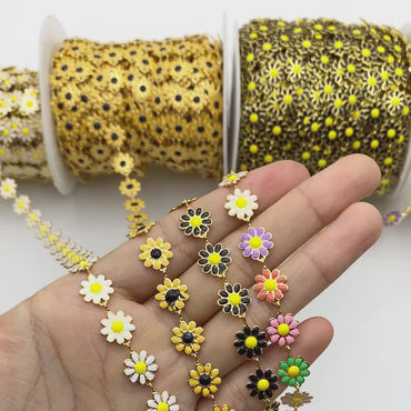Enamel Flower Chain, Daisy Chain, Gold Plated Brass Designer Chain 10mm, Floral Link Chain Findings  (#LK-580)/ 1 Meter=3.3ft