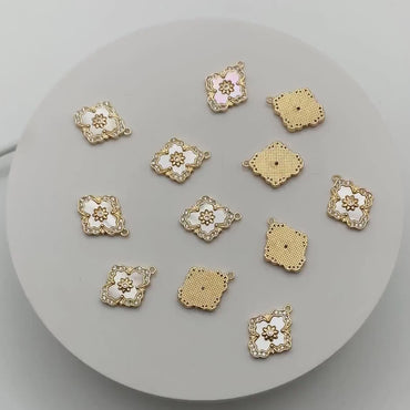 4pcs Shell Pave Gold Flower Charms, 18K Gold plated Brass, CZ Micro Paved Floral Pendants (GB-3579-H)