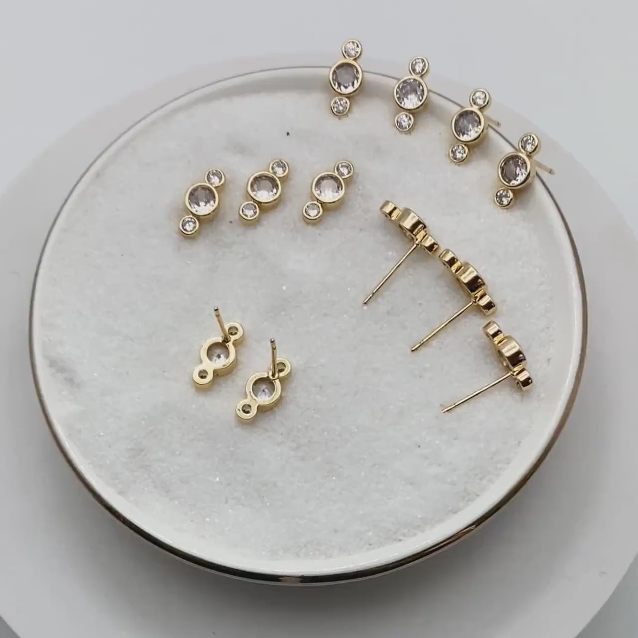 10pcs CZ Pave Trio Round Ear Posts 12x5.5mm, Gold Plated Brass Dainty Stud Earrings (GB-3765)