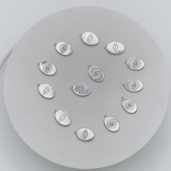 4pcs CZ Pave Silver tone Oval Evil Eye Charm 15.5x10mm, Rhodium plated brass, Evil Eye Pendants (GB-4085-I)