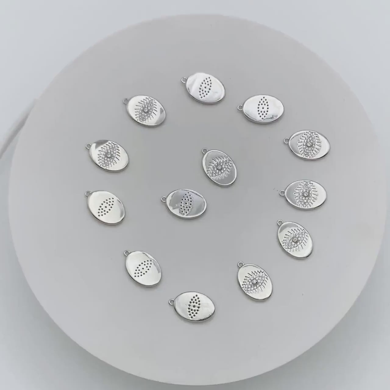 4pcs CZ Pave Silver tone Oval Evil Eye Charm 15.5x10mm, Rhodium plated brass, Evil Eye Pendants (GB-4085-I)