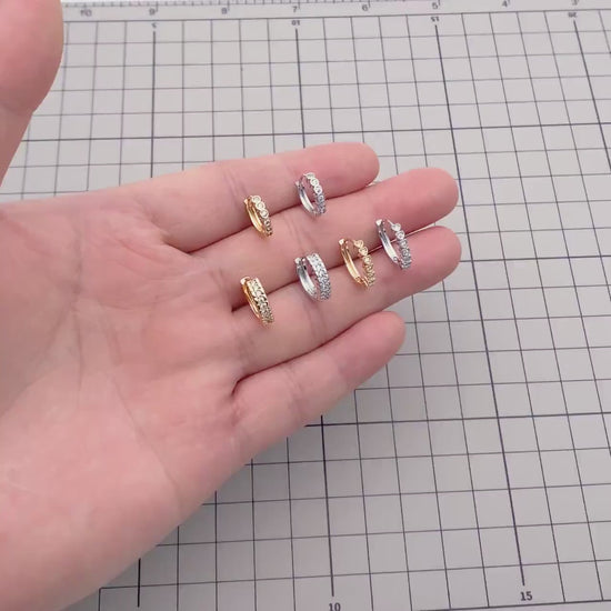 4pcs CZ Pave Gold/ Silver Tone Hoop Earrings, Gold/ Rhodium plated Brass, Dainty Round Huggie Earrings (GB-4770)