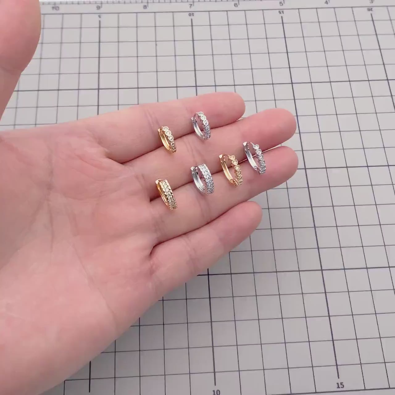 4pcs CZ Pave Gold/ Silver Tone Hoop Earrings, Gold/ Rhodium plated Brass, Dainty Round Huggie Earrings (GB-4770)