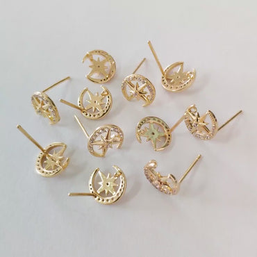 4pcs CZ Pave Moon and North Star Earring with Loop, 10mm, Real Gold Plated Brass Stud Earrings (#GB-311-J)