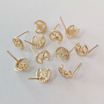 4pcs CZ Pave Moon and North Star Earring with Loop, 10mm, Real Gold Plated Brass Stud Earrings (#GB-311-J)