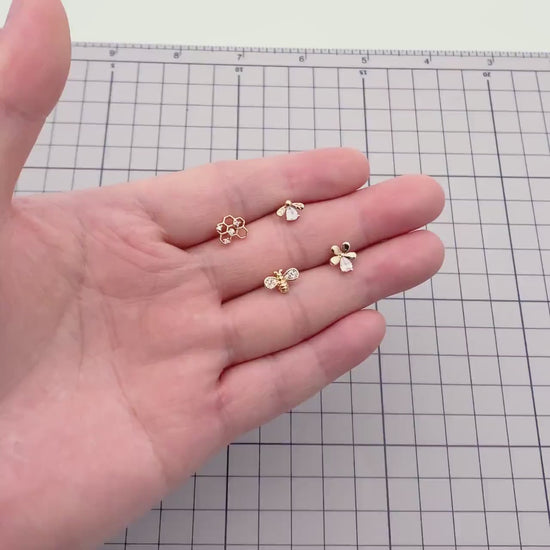 10pcs CZ Pave Gold Flower Bee Honeycomb Earrings, Gold Plated Brass, Dainty Flower Stud Earrings (GB-3896)
