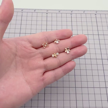 10pcs CZ Pave Gold Flower Bee Honeycomb Earrings, Gold Plated Brass, Dainty Flower Stud Earrings (GB-3896)