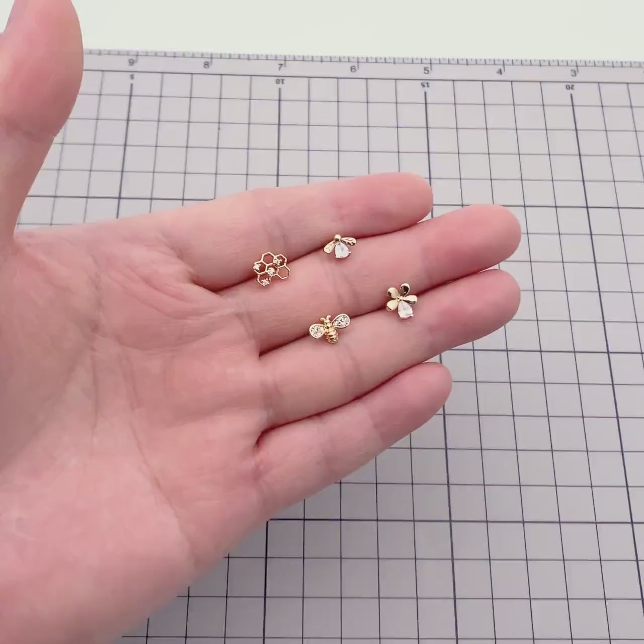 10pcs CZ Pave Gold Flower Bee Honeycomb Earrings, Gold Plated Brass, Dainty Flower Stud Earrings (GB-3896)