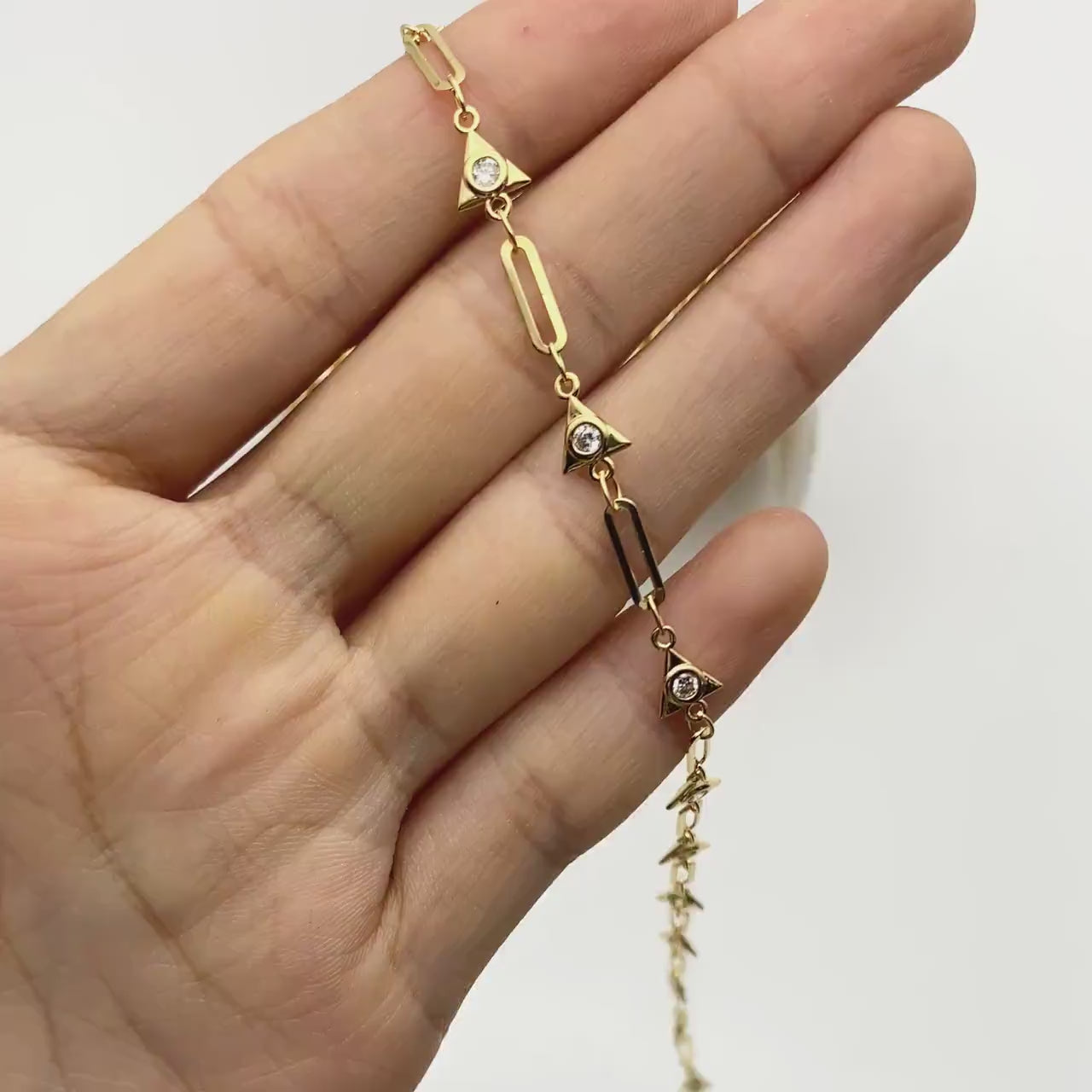 Gold CZ Pave Triangle Connector With Oval Hoop Chain, 18K Gold plated Brass Chain  (#LK-589)/ 1 Meter=3.3 ft