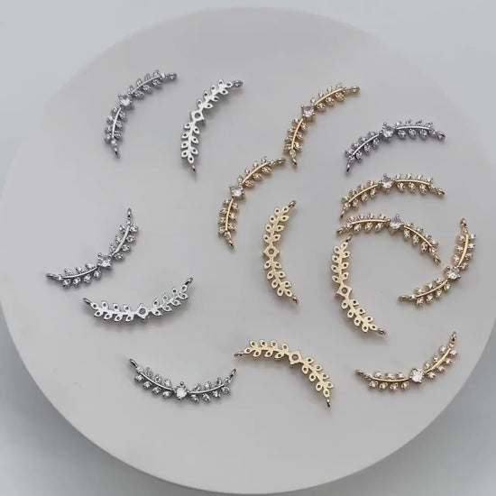4pcs CZ Pave Gold/ Silver Leaf Charm Connector 26x9mm, Gold/ Rhodium plated Brass, Cubic Zirconia Setting Diy Supplies  (#GB-3669-C)