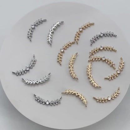 4pcs CZ Pave Gold/ Silver Leaf Charm Connector 26x9mm, Gold/ Rhodium plated Brass, Cubic Zirconia Setting Diy Supplies  (#GB-3669-C)