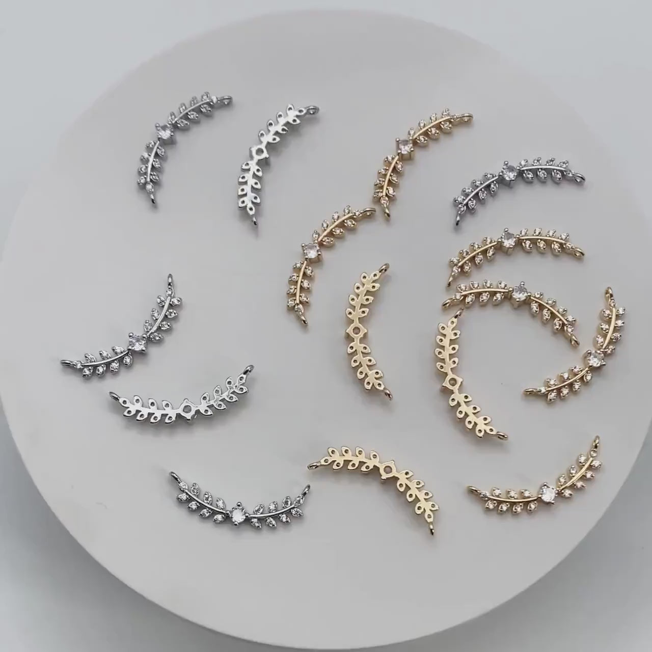 4pcs CZ Pave Gold/ Silver Leaf Charm Connector 26x9mm, Gold/ Rhodium plated Brass, Cubic Zirconia Setting Diy Supplies  (#GB-3669-C)