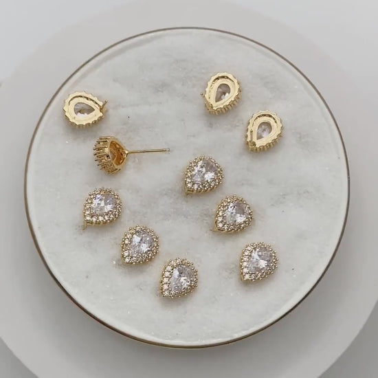 4pcs CZ Pave Teardrop Ear Posts, 18K Gold Plated Brass, Water Drop Stud Earrings, Jewelry Supplies Findings Wholesale (GB-3122)