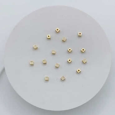 10pcs CZ Pave Gold Cube Spacers 4mm, 18K Gold plated Brass Square Beads (GB-1736)