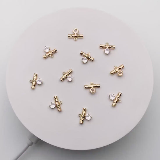 10pcs CZ pave Gold Bar Charm, 11x13mm, Gold plated Brass Bar Stick Pendants (GB-4285)