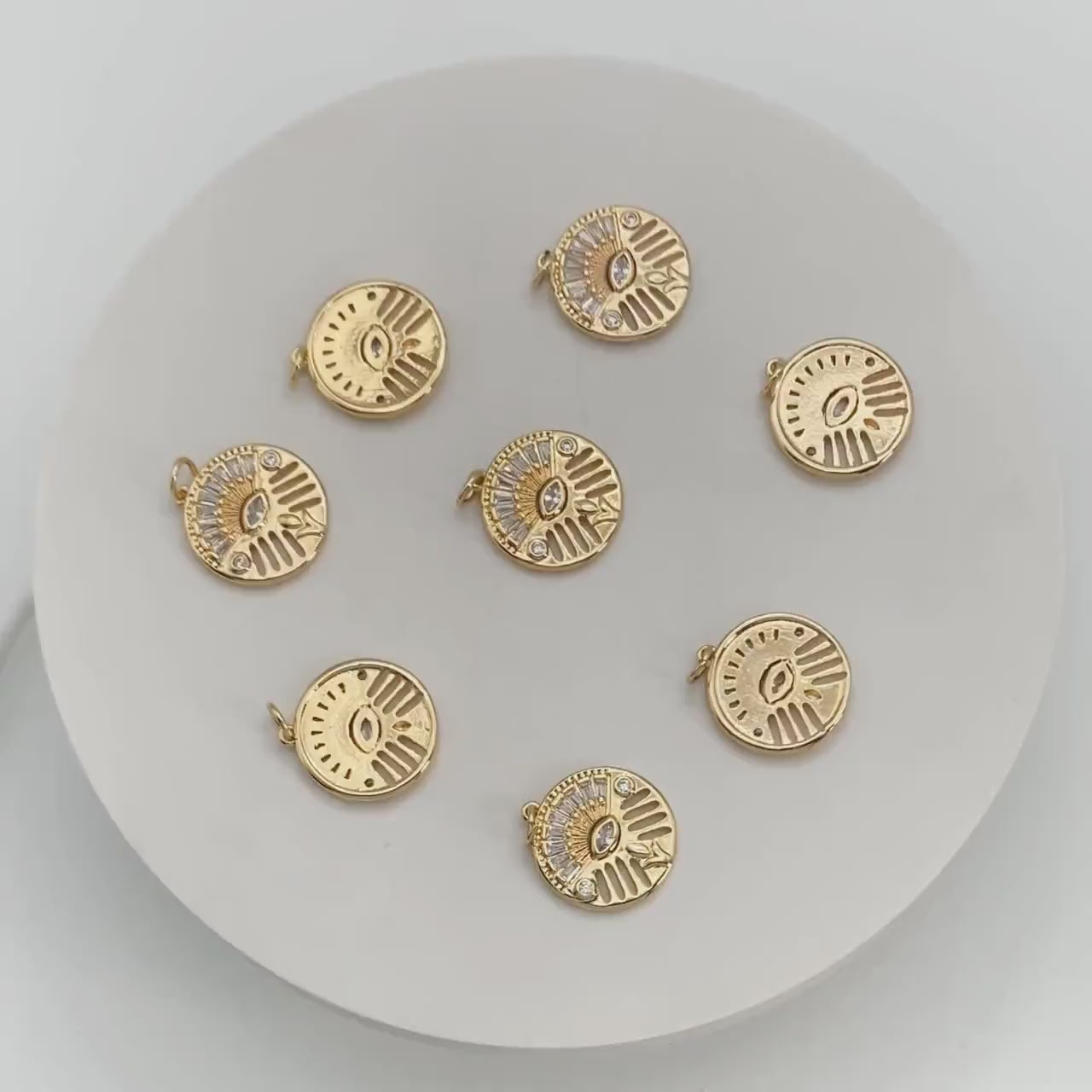 4pcs Evil Eye Pendant, CZ Pave Gold Disc Medallion Greek Eye Charm for Strength and Protection Jewelry Component  (GB-1527-F)