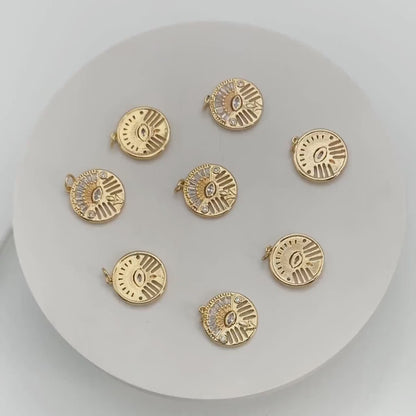 4pcs Evil Eye Pendant, CZ Pave Gold Disc Medallion Greek Eye Charm for Strength and Protection Jewelry Component  (GB-1527-F)