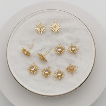 4pcs CZ Pave Gold Sun Earring with Loop, Real Gold Plated Brass Sun Stud Earrings (#GB-2774)