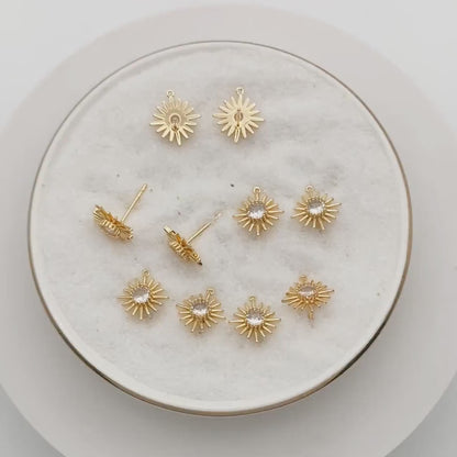 4pcs CZ Pave Gold Sun Earring with Loop, Real Gold Plated Brass Sun Stud Earrings (#GB-2774)