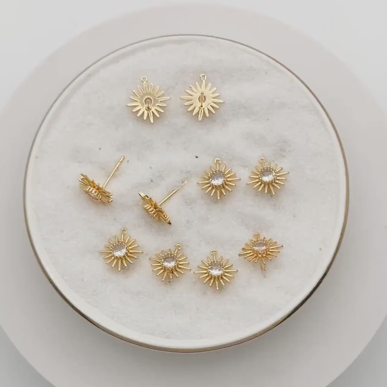 4pcs CZ Pave Gold Sun Earring with Loop, Real Gold Plated Brass Sun Stud Earrings (#GB-2774)