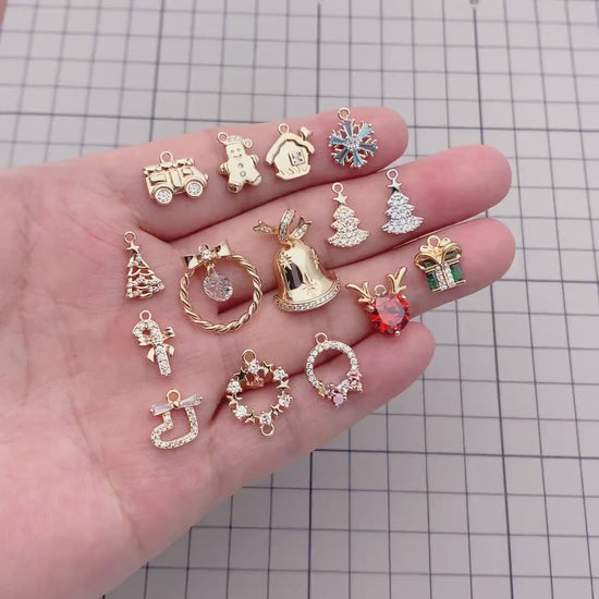 4pcs CZ Pave Christmas Charms: 18K Gold Plated Brass, DIY Jewelry Making, (GB-713)