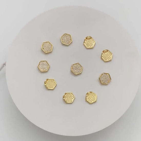 10pcs CZ Pave Hexagon Charm, 18K real Gold plated Brass Pendants (GB-1602)