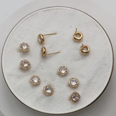4pcs CZ Pave Round Ear Posts 7.5mm, Gold Plated Brass Stud Earrings (#GB-3363)
