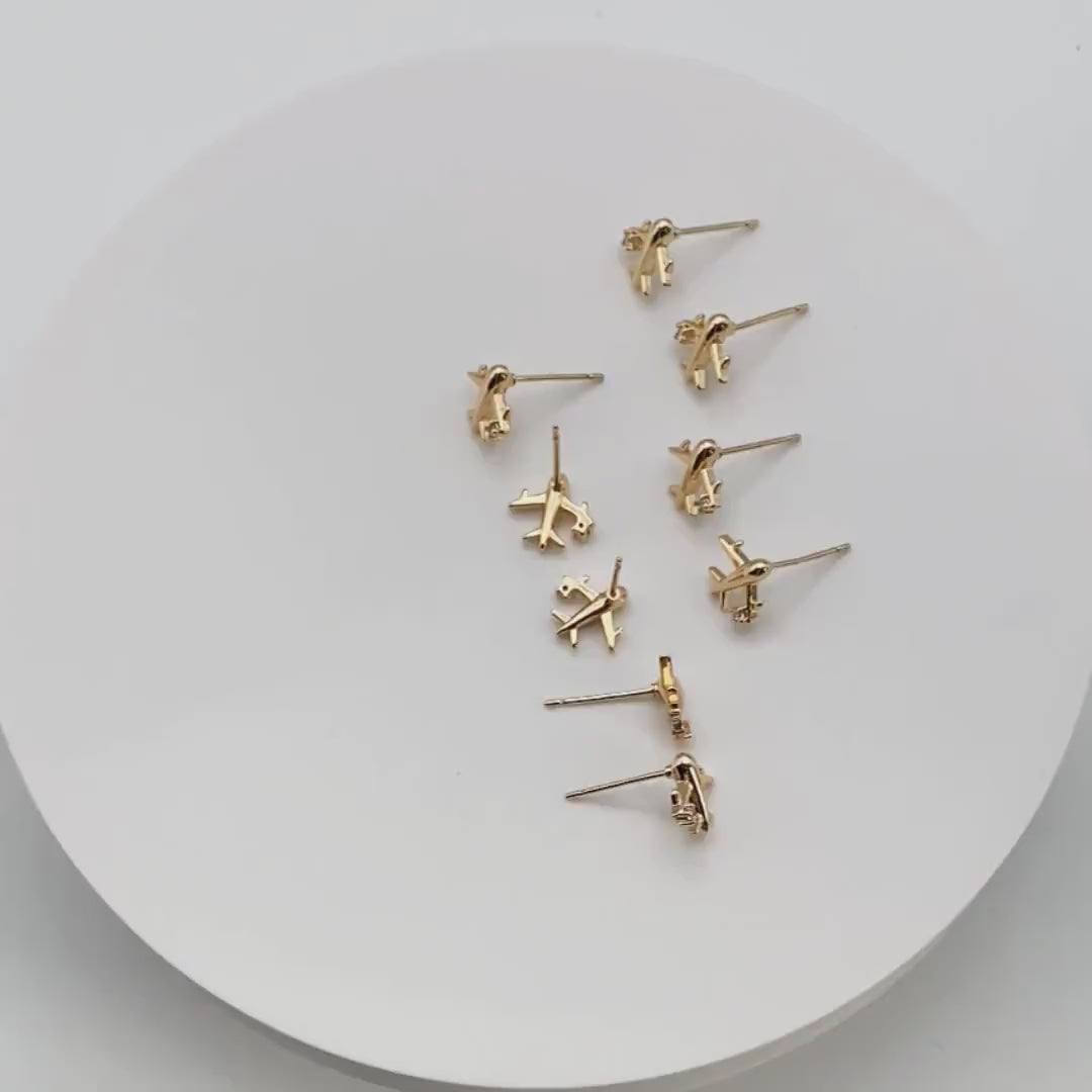 10pcs CZ Pave Gold Airplane Stud Earrings, Gold plated Brass Dainty Plane Earrings  (#GB-4236)