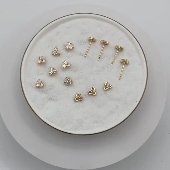 4pcs CZ Pave Three Dot Trio Stud Earring, Gold Plated Brass, Tiny Trinity Dainty Stud Earring (GB-3671-A)