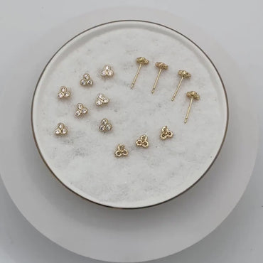4pcs CZ Pave Three Dot Trio Stud Earring, Gold Plated Brass, Tiny Trinity Dainty Stud Earring (GB-3671-A)