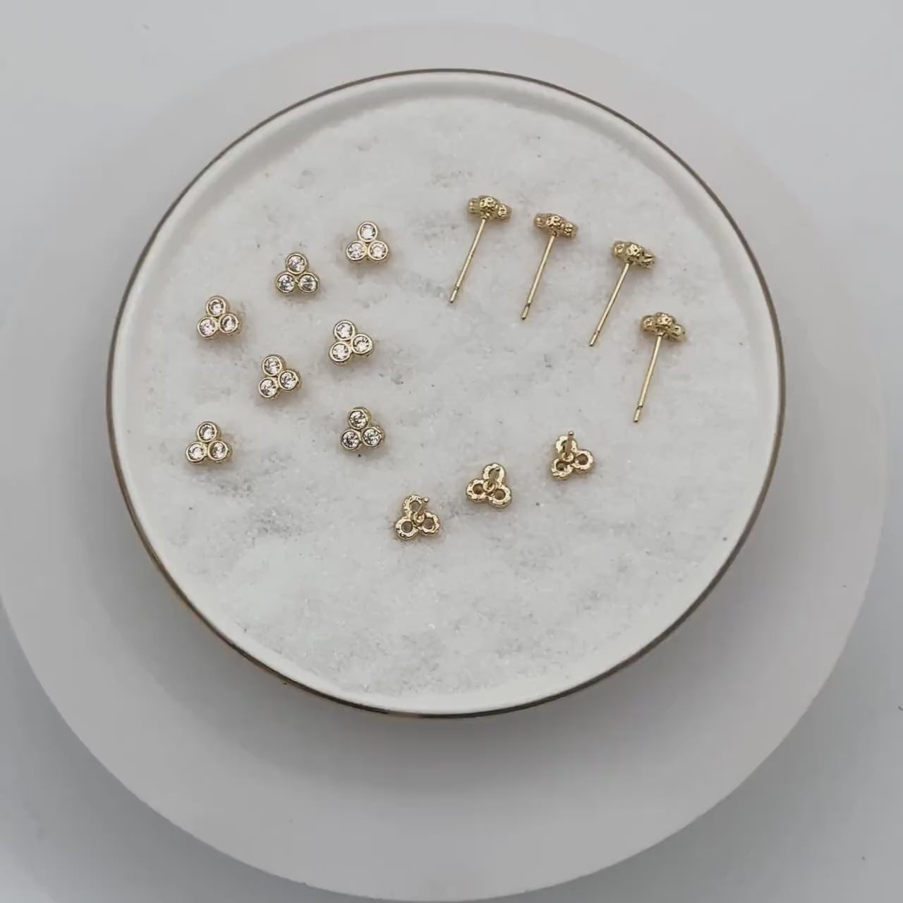 4pcs CZ Pave Three Dot Trio Stud Earring, Gold Plated Brass, Tiny Trinity Dainty Stud Earring (GB-3671-A)