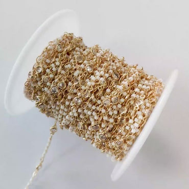 Miyuki Seed Bead Chain, Dainty Gold Beaded Chains, 4mm Round Coin CZ Links, White (#LK-437-2)/ 1 Meter=3.3 ft