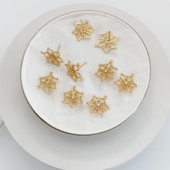 10pcs CZ Pave Snowflake Ear Posts 15mm, Real Gold Plated Brass Earrings (GB-740)