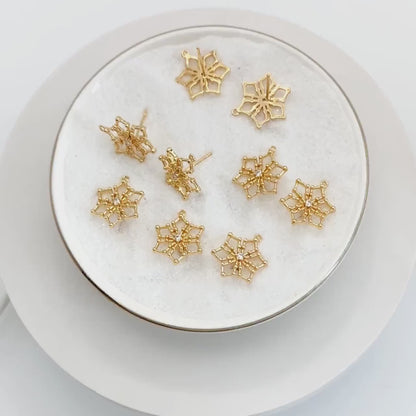 10pcs CZ Pave Snowflake Ear Posts 15mm, Real Gold Plated Brass Earrings (GB-740)