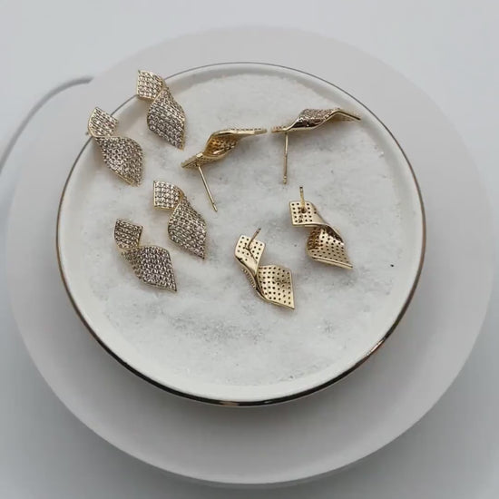 4pcs CZ Pave Gold Ribbon Earrings, 18K Gold plated Brass , Dainty Stud Earrings (#GB-3973)