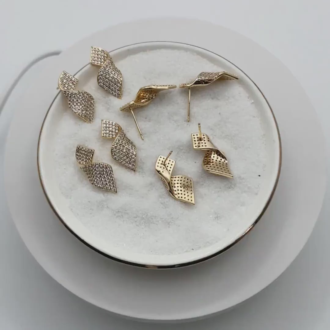 4pcs CZ Pave Gold Ribbon Earrings, 18K Gold plated Brass , Dainty Stud Earrings (#GB-3973)