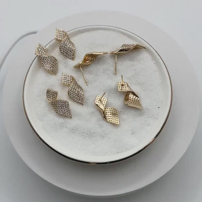 4pcs CZ Pave Gold Ribbon Earrings, 18K Gold plated Brass , Dainty Stud Earrings (#GB-3973)