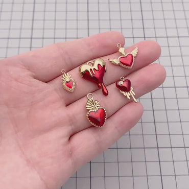 4pcs Enamel Red Heart Charms, PVD Gold Stainless Steel, Jewelry Making Supply (GB-4704)