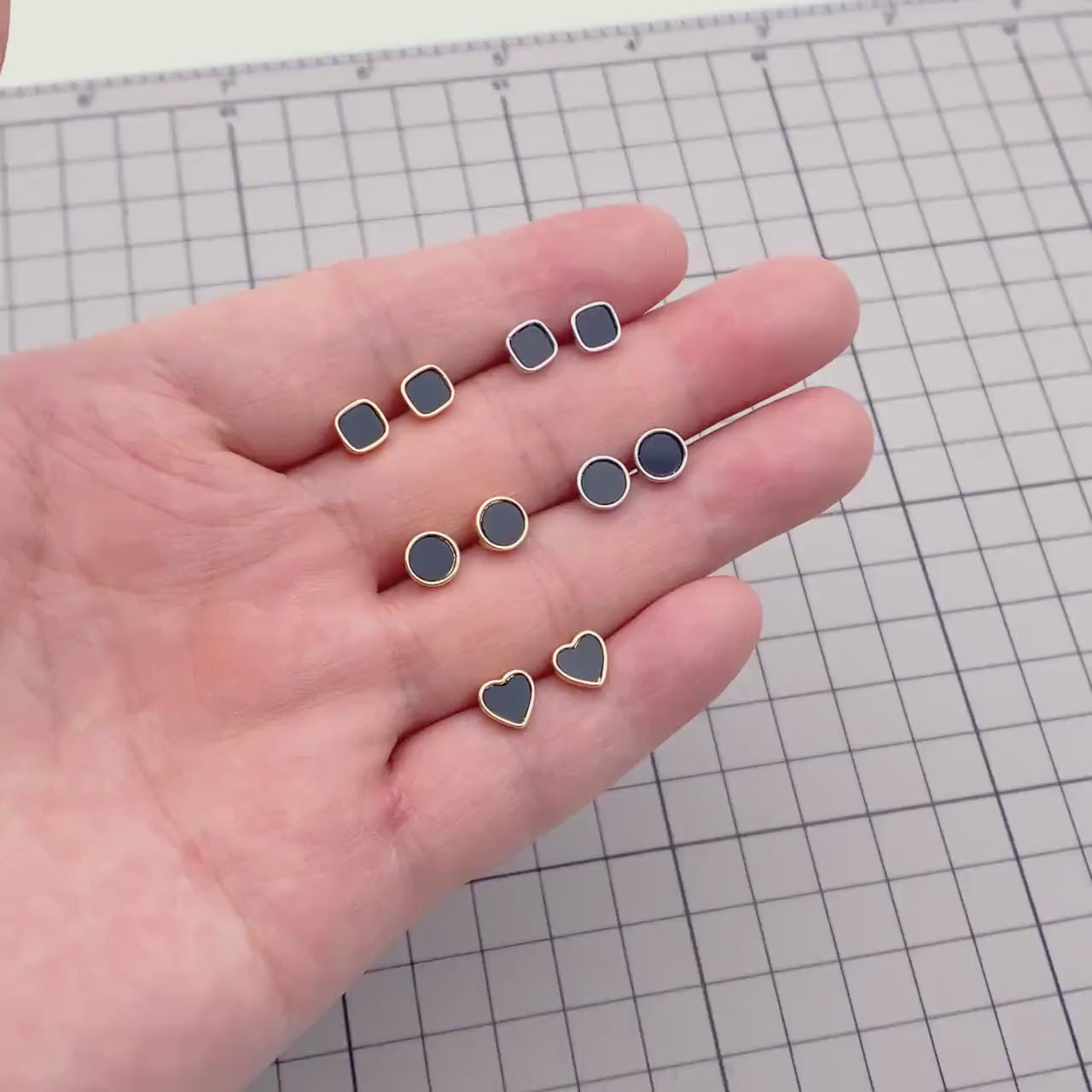 10pcs Black Acetate Gold/ Silver Geometric Earrings, Square/ Round/ Heart Stud Earrings (GB-4744)